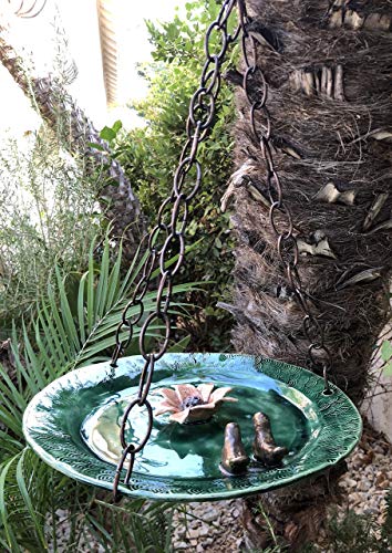Large Hanging Bird Feeder or Bath with love birds and flower, handmade ceramic garden art
