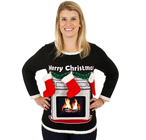 Women S Lighted Fireplace Ugly Christmas Sweater With Tablet Pouch