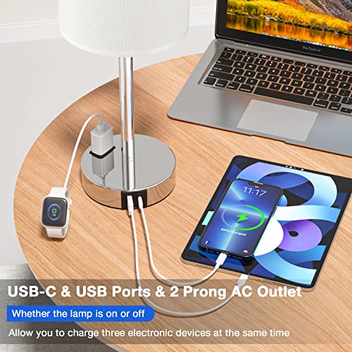 Juego de 2 lámparas táctiles de mesita de noche pequeña, 3 vías, regulables, puertos USB C, A y tomacorrientes, modernas para habitación de niños, con pantalla de lino y base plateada, color blanco