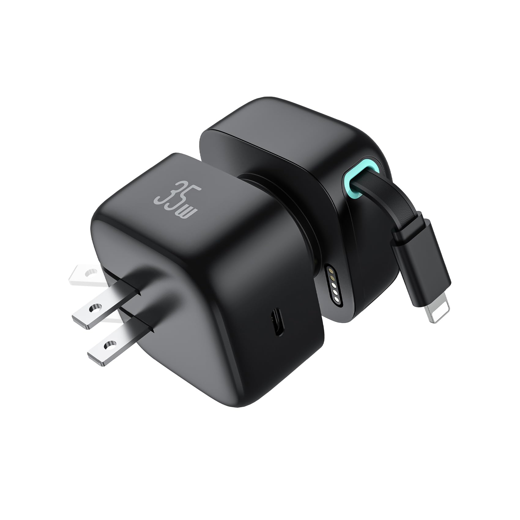 Retractable Charger for iPhone, 35W PD Fast Charger Block with Retractable Cable (31.5 inch) and Type C Ports, Portable Charger Adapter for iPhone 14/13 Pro Max/iPad/AirPods (Black)