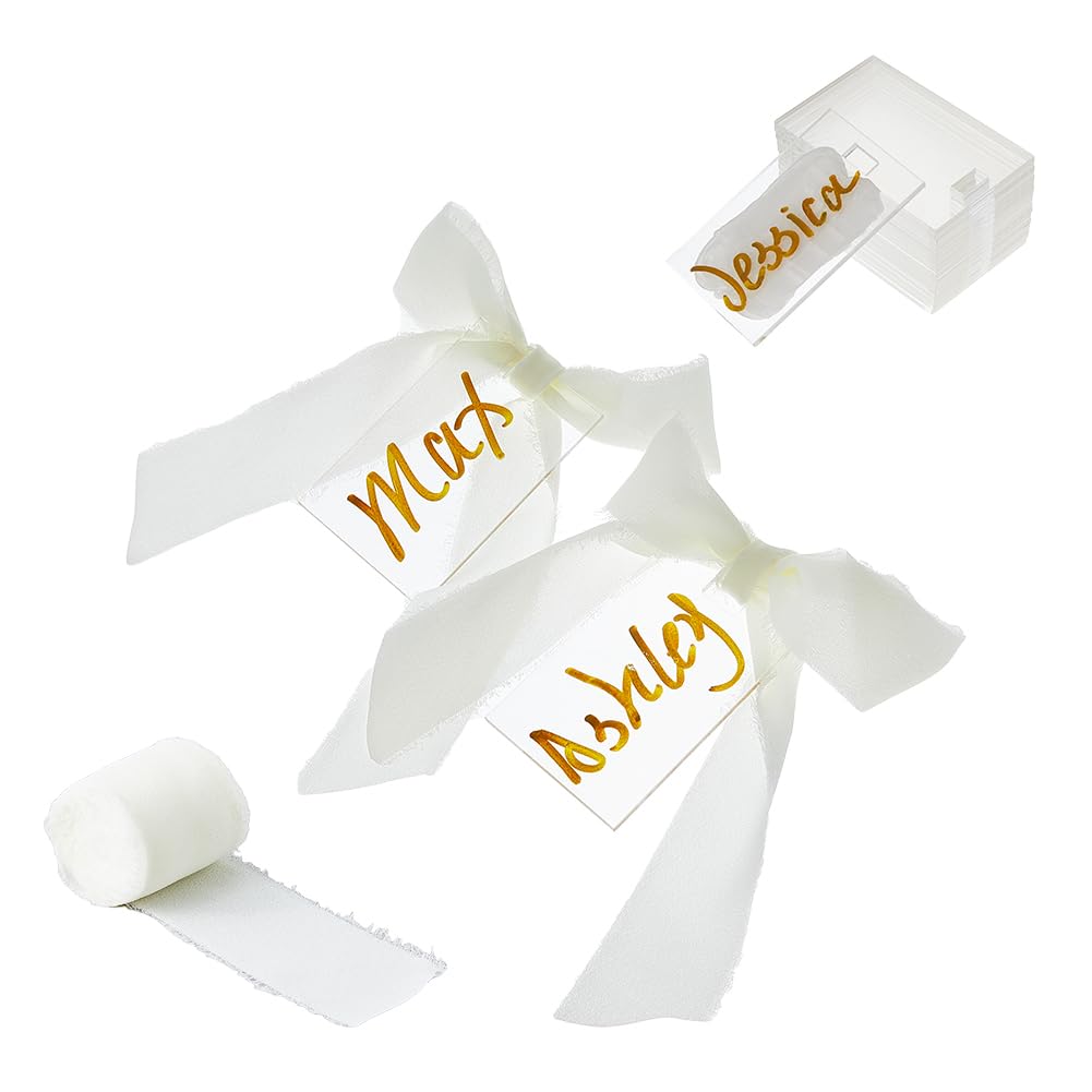 SUPERFINDINGS 24Pcs Wedding Blank Acrylic Place Cards Rectangle Wedding Reserved Signs Clear Seat Tags with 1 Roll 5m Polyester Frayed Ribbons for Guest Names Table Settings Dinner Party