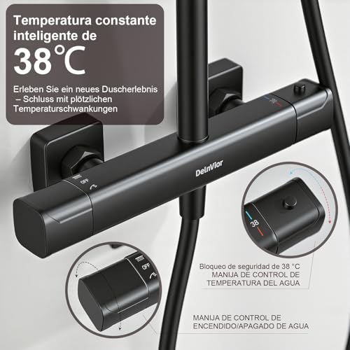 DelnVior Shower System with Thermostat Stainless Steel Square Rain Shower 3 Jet Types Complete Shower Set Adjustable Height with Anti-scald Protection Water Saving