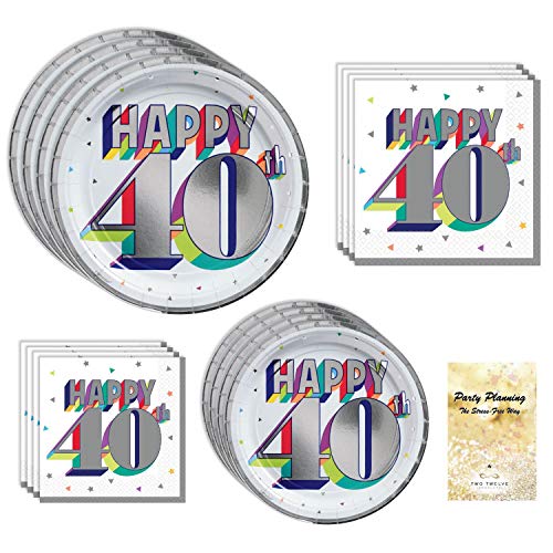 40th-Birthday-Anniversary-Party-Supplies-White-and-Silver-Design-for-Men-or-Women-16-Guests-65-Pieces-Disposable-Paper-Dinnerware-Plate-and-Napkin-Set