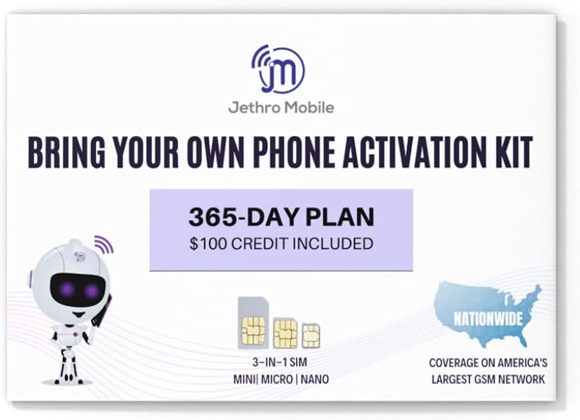 Jethro Mobile Prepaid $100 Phone Plan for 365 Days - Unlimited Talk and Text and No Data, Perfect for Senior Cell Phones, (SIM Card Kit Included)
