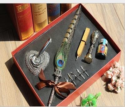 Feather Quill pen Set- 100% Hand Craft - Golden Calligraphy Pen Holder Hand Carved Dip Pen Stem (Luxury Peacock feather)