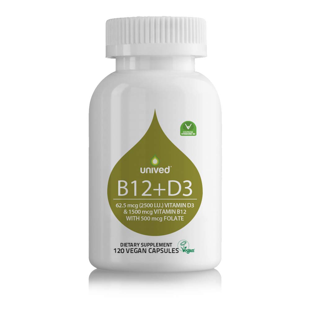 Unived Vegan B12+D3, Vitamin B12 (1500mcg Methylcobalamin), Vitamin D3 (2500IU, Lichen), Vitamin B9 (500mcg 5-MTHF) & Alfalfa, Supports Immune Bone & Heart Health, Energy & Metabolism, 120 Vegan Caps
