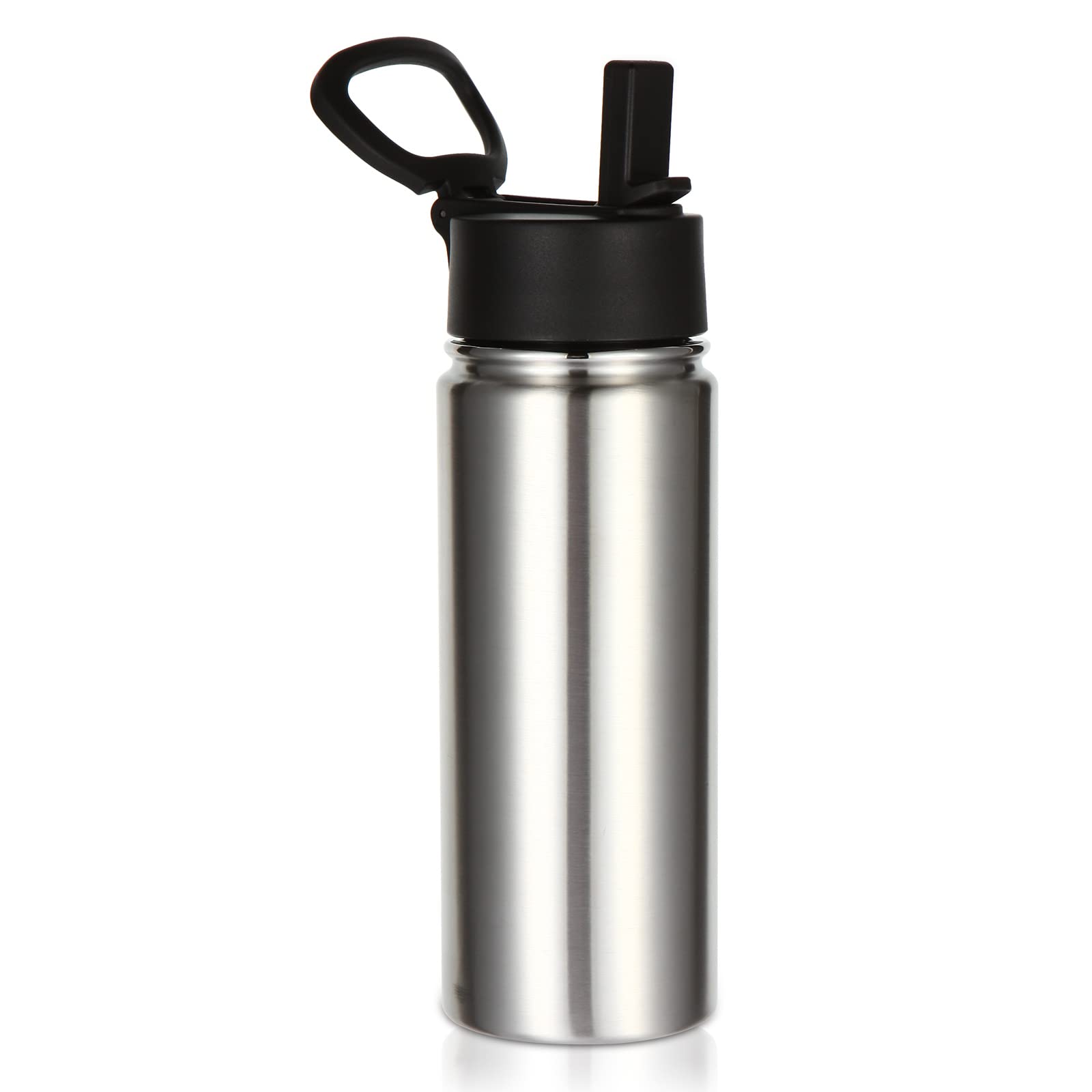 Volhoply 530ml/18oz Kids Insulated Water Bottle, Stainless Steel Water Bottles with Straw Lid, Wide Mouth Double Wall Vacuum Sports Travel Flask for Cold Drink (Silver,1 Pack)