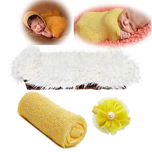 Newborn Baby Photography Props - Long Ripple Wrap Blanket and Lace Beads Headband (MatWrapSet-Yellow+White, OneSize)