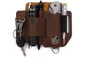Tactical Leather Tool Pouch Multi-Pocket Belt Loop With Key Ring For Outdoor Survival, Everyday Carry, Camping, Brown