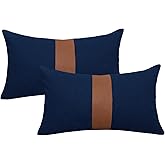 Vfuty Pack of 2 Navy Blue Lumbar Decorative Pillow Covers 12x20 Inch for Living Room Couch Sofa Bed,Modern Faux Leather Rectangle Cushion Case 30x50 cm,Rustic Farmhouse Boho Home Decor
