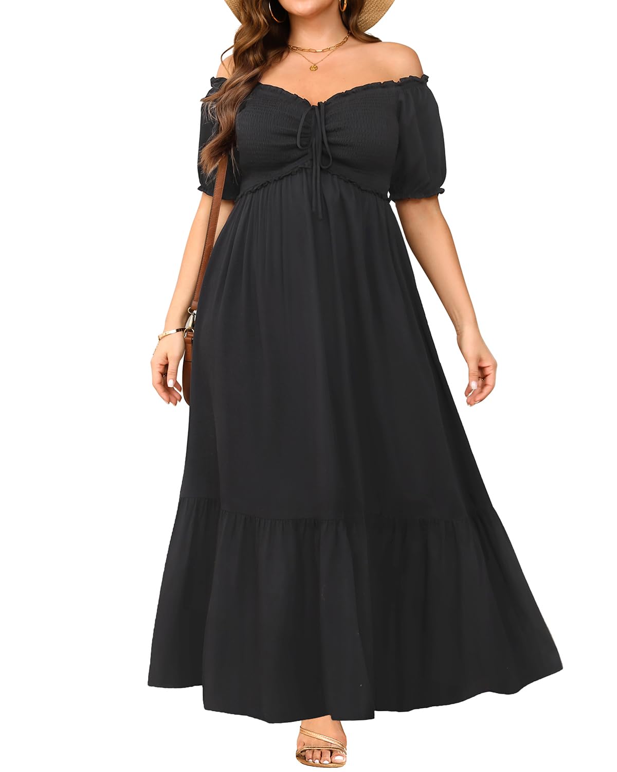 Photo 1 of Black Dress Plus Size Summer Off Shoulder Puff Sleeve Smocked A Line Boho Maxi Flow Long Sundresses Women Wedding Guest