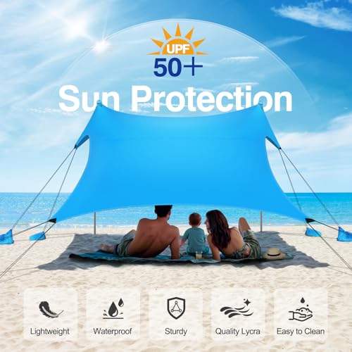 Rhino Valley 3 x 3 m Ultra Stable Portable Beach Tent, UV Protection UPF50+ Super Windproof Beach Tent with 8 Fillable Sand Anchors and 4 Aluminium Rods