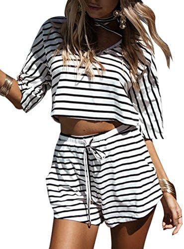 ANDYICEE Casual Style Women 2 Pcs Stripe Pattern V Neck Crop Tops+Shorts Set (Large)