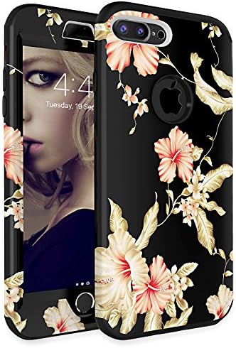 iPhone 7 Plus Case iPhone 8 Plus Case ADCOOG[Flowers] Three Layers heavy duty Shockproof Soft Silicone Anti-Scratch Anti-Fingerprint Hard PC Hybrid Protective Case for iPhone 7/8 Plus(Black+Flower1)