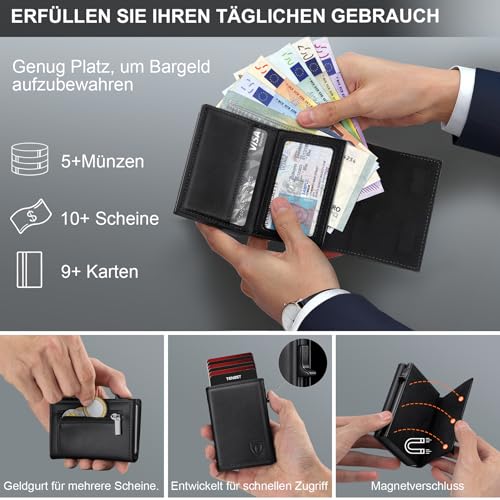 Geldbörse Herren, Slim Wallet Geldbeutel mit Münzfach & RFID Schutz, Leder Portmonee, 8 Fächer für Kreditkarten, Kartenetui Herren, Geschenke zum Vatertag - Schwarz