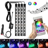 AMBOTHER 4X Car LED RGB Music Interior Atmosphere Floor Underdash Lighting RGB Music Control Strip Lights Kit Multicolor APP Blue ++++ Tooth Controller for iPhone Android