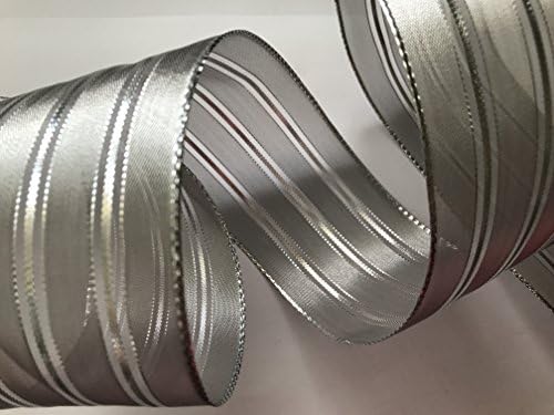 'Sparkles Gems' Christmas Ribbon Wired Wire Edge Trimming Great for Making Bows Gift Packaging x 2 Metres (Metallic Silver Stripe Wired 63mm)