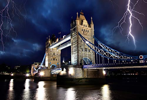LFEEY 5x3ft Famous Tower Bridge of London Backdrop Vinyl Photography Background Tower Bridge in Storm Forked Lightning City Nightscape Backdrop Wallpaper Activity Background Photo Studio Props