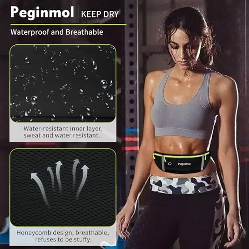 PEGINMOL Running Belt for Mobile Phone, Running Bag Jogging Waterproof Runner Waist Bag for Men and Women with 3 Pockets, Large Capacity Sports Belt, Adjustable Running Belt for Running (Black + Green)