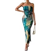 LIGHT DOT Women's Ruched Strapless Bodycon Dress Elegant Tie Dye Midi Guest Dresses Formal Outfits Date Party