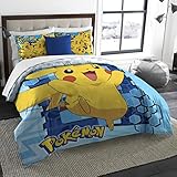 3 Piece Blue Yellow Pokemon Big Pikachu Twin/full Bedding Comforter Set, Cute Bold Bright Geometric Anime Cartoon Pattern, Reversible Pokemon Ball White Blue Sky Kids Bedding For Bedroom,