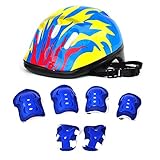 7Pcs Kids Sports Safety Protective Gear Set, RuiyiF Elbow Pad Knee Pads Wrist Guard Helmet for Scooter Skateboard Skating Blading Cycling Riding - Pattern (Flame) Color Random