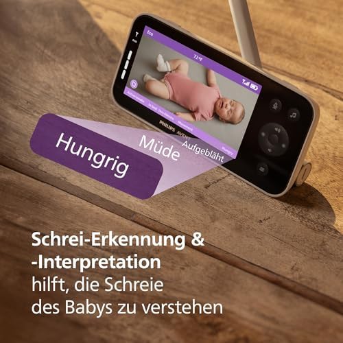 PHILIPS Avent Premium Connected Babyphone mit App - 1080 px HD-Kamera, Schlaf- & Atemtracking mit KI, Schrei-Interpretation, Dekra-Zertifiziert für höchste Cybersicherheit, Wandhalterung, SCD974/26