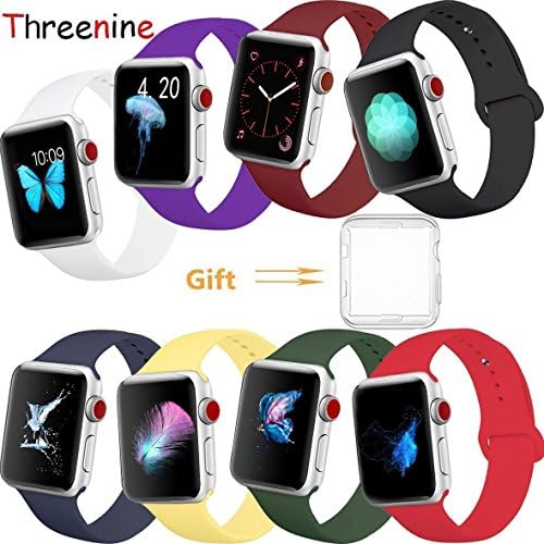 Threenine for Apple Watch Band, Durable Soft Silicone iWatch Strap Replacement Sport Band for Apple Watch Band Series 3 Series 2 Series 1 Sport, Edition (8 pack, 42mm M/L)
