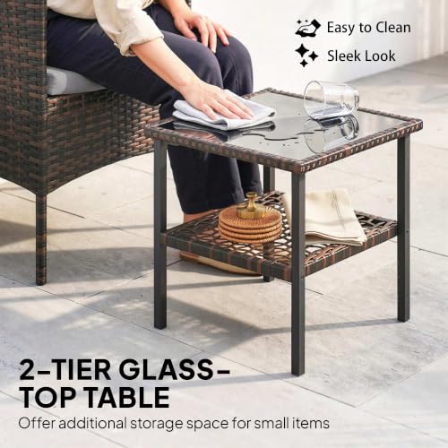Outsunny 3 Piece Wicker Patio Furniture Set, Rattan Bistro Set with 2 Patio Chairs, 2-Tier Glass Table, Cushions, Outdoor Conversation Furniture for Porch, Balcony, Dark Grey