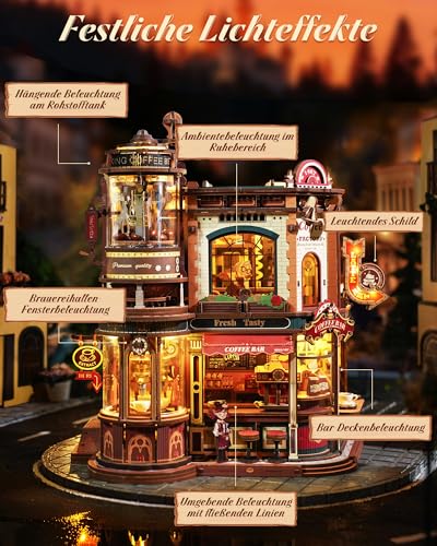 ROKR Dream Coffee Factory EAB02 DIY Miniature Dollhouse Music Box for Adults, Mechanical Coffee Factory Model with Moving Parts, LED Lighting and Jazz Music, Creative Gift