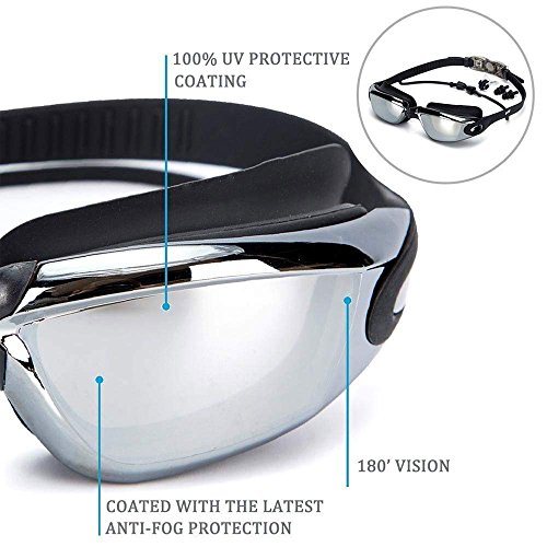Linwnil Swim Goggles,Swimming Goggles with Mirror Lens for Men Women Adult Youth Kids Girls Anti Fog No Leaking with Earplugs,Nose Clips, and Case (Black/1Pack) - Thumbnail 5
