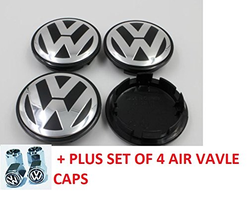 Volkswagen VW Wheel Center Caps (SET OF 4 pieces) PLUS set of 4 TIRE VALves EOS Golf Jetta Passat CC Phaeton Scirocco Sharan Tiguan Touran Transporter Hubcap Wheel Center Caps 3B7601171 3B7 601 171
