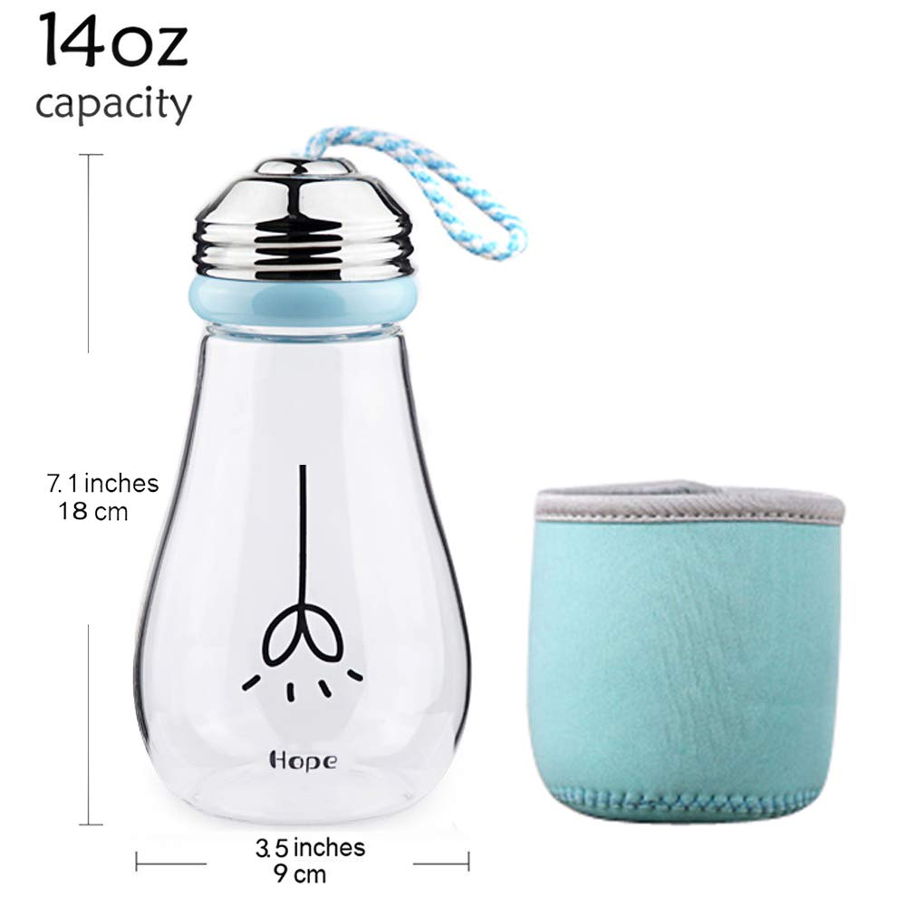 Keemanman Creative Bulb Cup,BPA Free Glass Travel Tea Mug,Cute Water Bottle with Neoprene Sleeve 14 Ounce (blue)