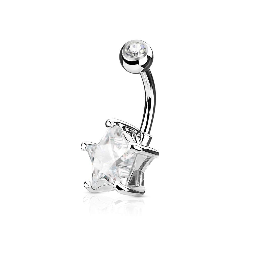 PiercedOff 316L Surgical Steel Belly Bar with Double Gemmed 7mm Clear Solitaire Star - Thickness 14GA (1.6mm) Length 10mm / Top Ball is 5mm and Star Size is 8mm