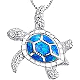 LRGKMCWTOB Small Turtle Pendant Statement Necklace Health and Longevity 925 Sterling Silver Created Opal Sea Turtle Pendant Necklace Birthstone Jewelry Adjustable Christmas for Women