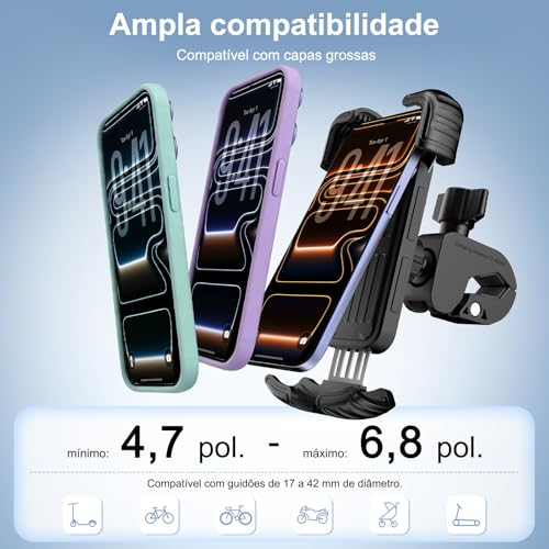 Tobeape Suporte Celular Moto e Bicicletas Antivibração, Universal 10,2–18,3 cm, Fixação Guidão 1,5–4,5 cm, Rotação 360°, Trava Dupla de Segurança, Ideal para iPhone 16 Pro Max e Samsung S24 Ultra