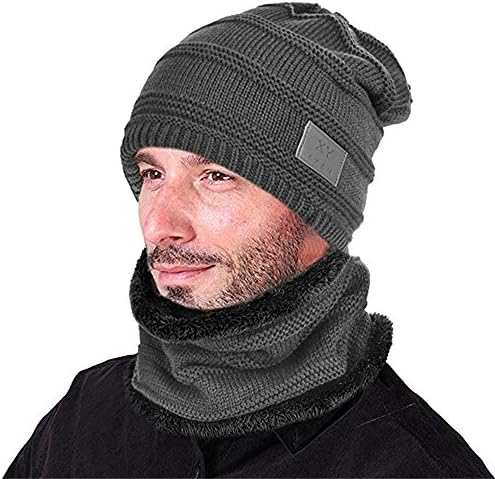 Goodbuy Warm Knitted Hat, Winter Beanie Hat Men with Circle Scarf for Ski (Grey 2)