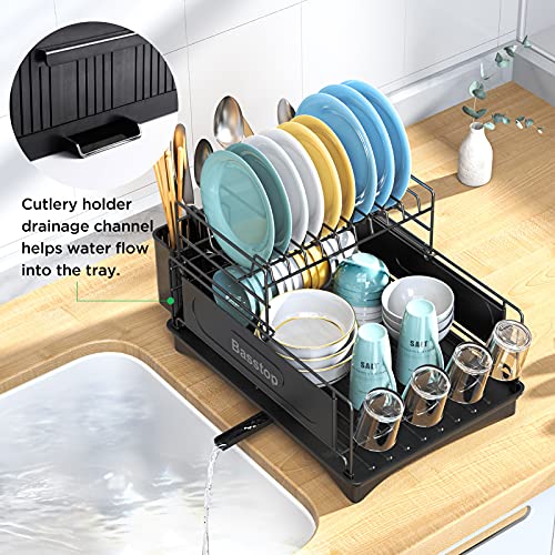 Dish Drying Rack, BASSTOP 2 Tiers Dish Rack Drainboard Set, 16” x 12.4