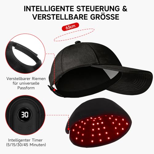 Red Light Hair Growth Cap, 660 nm + 850 nm Red Light Hair, Hair Growth Cap Adjustable Size, 7 Modes, Removable Red Light Panel, Hair Growth Cap for Men / Women