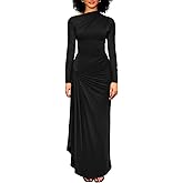 YMDUCH Women's Casual Long Sleeve Boat Neck High Split Ruched Bodycon Long Formal Dress