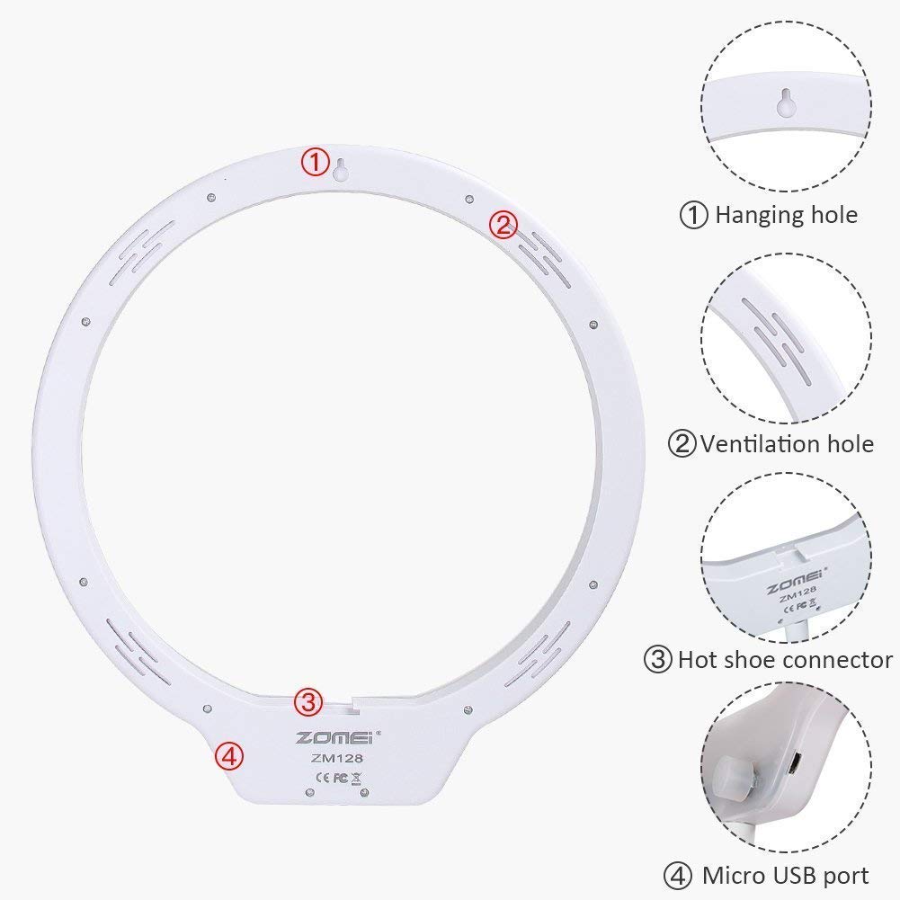 ZOMEI 10 Inch LED Tabletop Ring Light for Makeup with Mirror, Phone Holder, Hot Shoe (White)