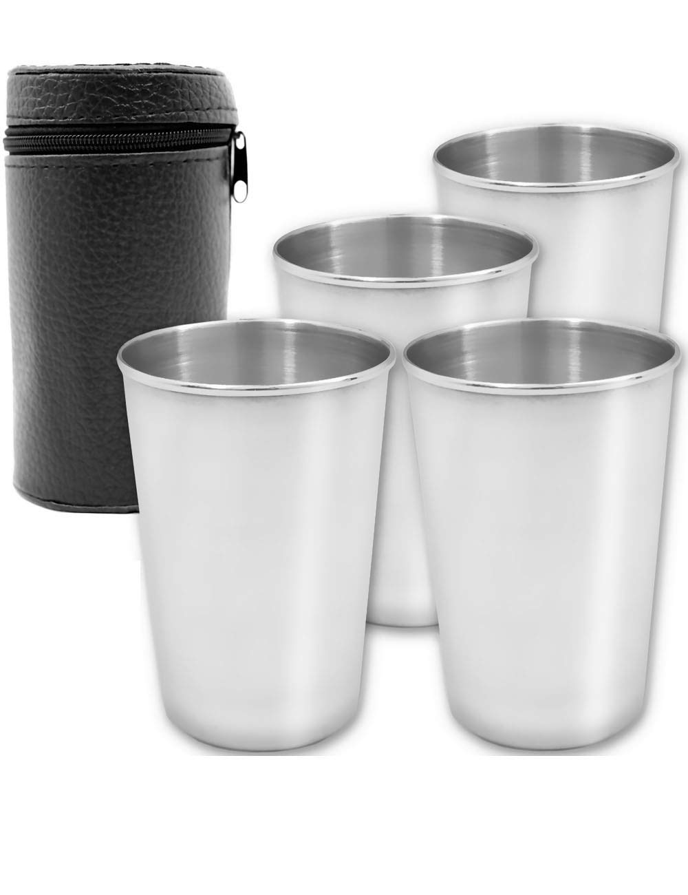 Outdoor Saxx - 4X Camping Cups with Leather Bag Mini Outdoor Cups Compact Lightweight Unbreakable 70 ml Stainless Steel + Carry Bag 5 Pieces