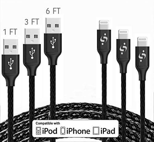 SyncTech Premium Tangle-Free 1FT 3FT 6FT Lightning Cable Durable High-Speed Syncing/Charging for iPhone 7/6s/6/5/5s/SE/Plus iPad Mini/Air/Pro (2.) Black - 1FT - 3FT - 6FT)