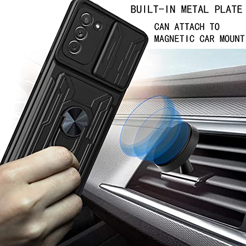 Galaxy S21 FE Case, HAMGEEN for Samsung S21 FE Phone Case Credit Card Holder Wallet Slot Camera Cover Kickstand Ring Stand Shockproof Dual Layer Heavy Duty Protective Cases for Samsung S21 FE Black