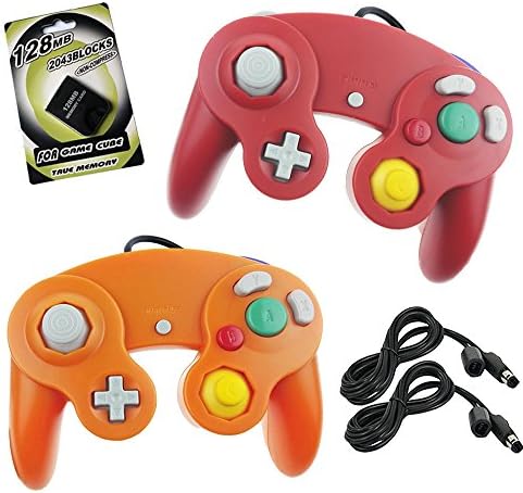 Koalud 2 Packs NGC Wired Gamepad Controllers with 2 Extension Cables 1.8m and 128mb Memory Card for Nintendo Wii GameCube Game Cube GC Console(Red and Orange)