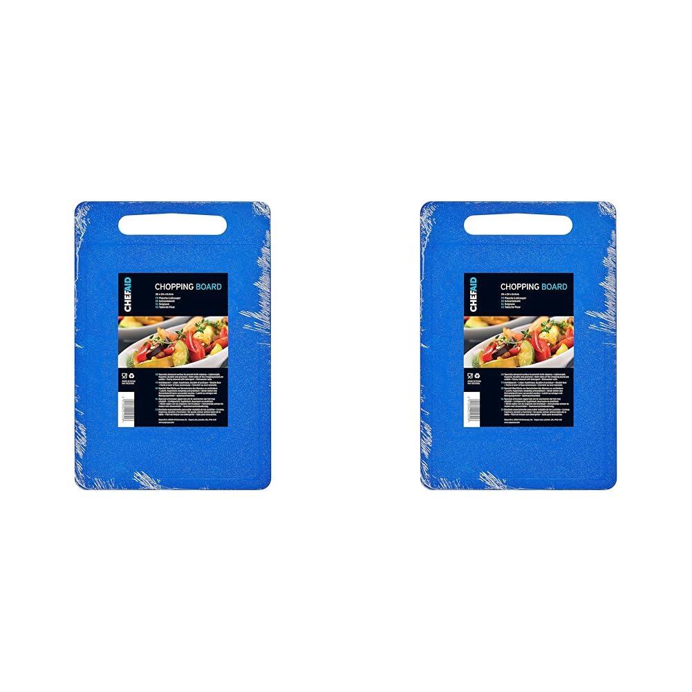 Chef Aid Blue Poly Chopping Board, Multipurpose Anti-Slip Surface, Easy Clean and Dishwasher Safe with Handle, 35 x 25cm, Other Colour Options Available (Pack of 2)