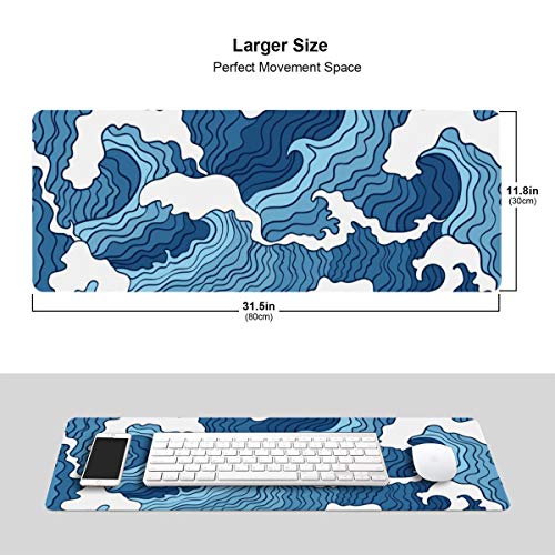 Japanese Blue and White Wave Gaming Mouse Pad XL, Non Slip Rubber Base Mousepad, Stitched Edges
