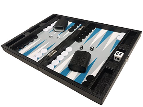 13-inch Premium Backgammon Set - Travel Size - Black Board, White and Astral Blue Points
