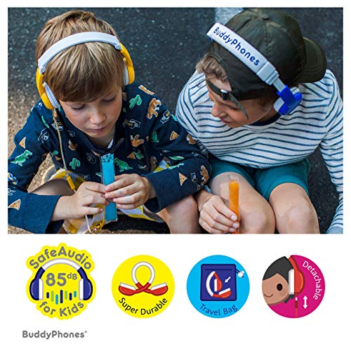 BuddyPhones Explore Foldable, Kids Volume Limiting Headphones, Built-in Audio Sharing Cable and in-Line Mic, Compatible with Fire, iPad, iPhone, and Android Devices, 2-Pack Blue and Orange