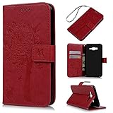 Badalink J7 Case,Samsung Galaxy J7 Case (2015 Version) - Wallet Embossed Butterflies Tree Premuim PU Leather Soft TPU Inner Cover with Wrist String & Magnetic Clip & ID/Credit Card Holders Red